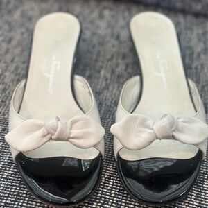 Salvatore Ferragamo Leather Bow Accents Slides